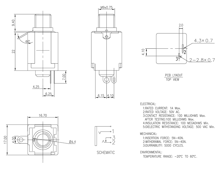 ELECLOUD 일렉클라우드 - 55 모노 사각 잭 SJ-6350B-2P 6.35mm Mono Jack Socket